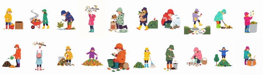 Fototapeta premium Happy children engage in diverse fall activities, from leaf collection to nature exploration and composting.