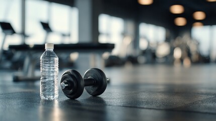 a black dumbbell and water bottle on the floor of an empty gym, with fitness equipment