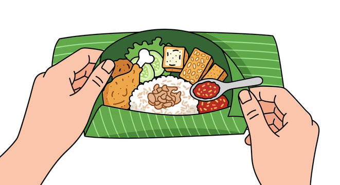 Hands Opening Traditional Indonesian Nasi Bungkus Wrapped in Banana Leaf - Flat Vector Food Illustration