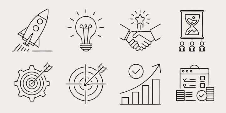 Comprehensive collection of modern outline vector icons illustrating key business strategies, innovative startup concepts, goal setting, and financial growth