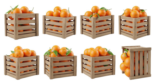 collection of wooden crates filled with fresh oranges placed on white background harvest display food  farming imagery