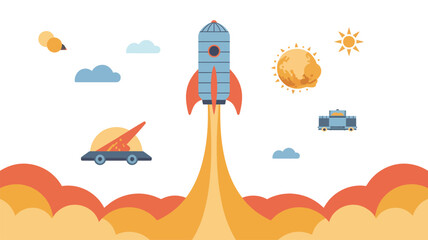 Blue Rocket Launching into the Sky.