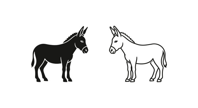 Two different colored donkeys standing side by side, black and white illustration Vector