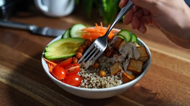 Close up of a delicious and colorful grain bowl with fresh ingredients