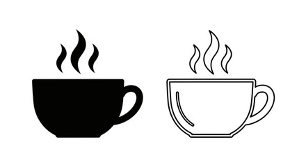 Obraz premium Coffee cups with steam illustration, hot beverage icons, drink symbols, black and white Vector