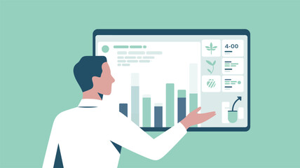 Man presenting data on large screen.