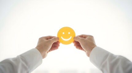 Minimalist Hands Holding Yellow Smile Symbolizing Positive Mental Health Under Sunlight, Creating Optimistic Atmosphere in Ultra High Resolution