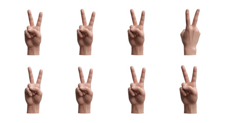 Fototapeta premium eight hands displaying the peace sign with a white background use in concepts of success unity or positive messages