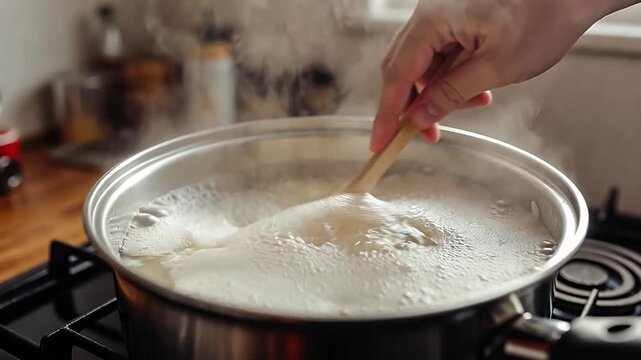 Person stirring boiling water in a pot on a stove in a kitchen