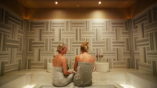Two women enjoy a relaxing conversation together in a luxurious and traditional Hammam spa
