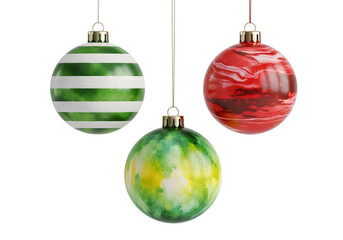 Obraz premium Hanging Christmas Ornaments: Striped Green, Marbled Red, and Watercolor Green-Yellow on White Background. Festive Holiday Decorations.
