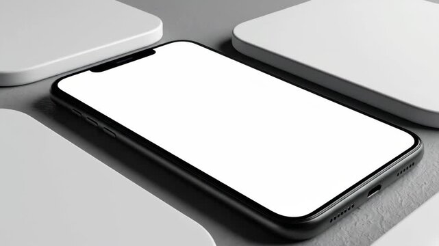 Smartphone mockup display template featuring a blank white screen for ui ux design advertising surrounded by white surfaces