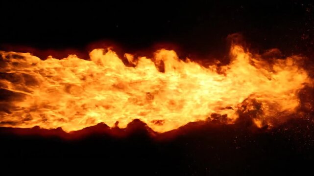 Powerful jet of fire erupting against a dark background.