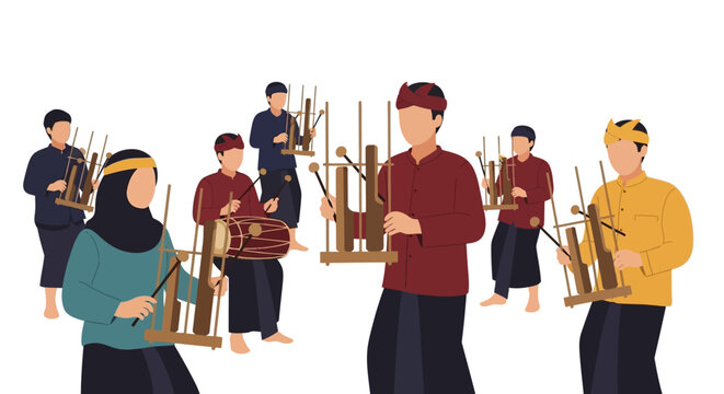 Traditional Indonesian Musicians Playing Angklung Bamboo Instruments and Kendang Percussion in Cultural Performance