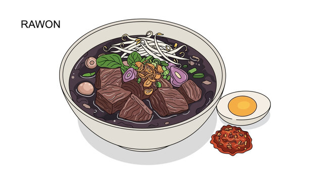 A bowl of rawon with beef, egg, and spices served in a bowl with a side of chili paste