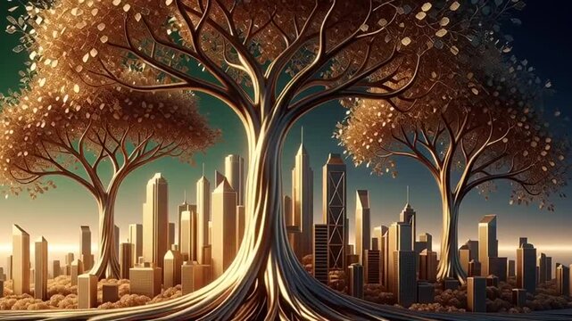 Surreal Cityscape with Giant Tree Roots and Skyscrapers.