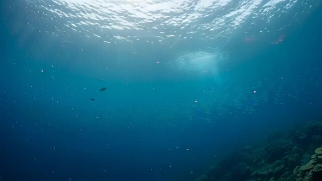 Underwater view of a large school of fish swimming in the deep blue ocean with sunlight filtering through the surface.