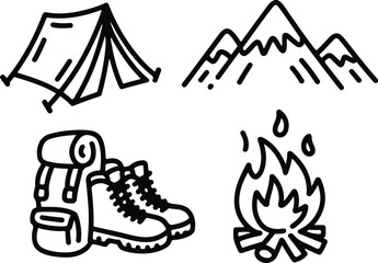 Camping icons vector illustration set with sketch silhouettes and doodle symbols