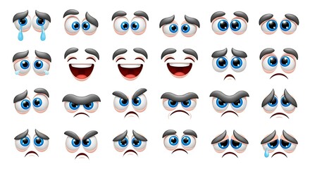 Cartoon eyes with various expressions, showing happiness, sadness, anger, and other emotions