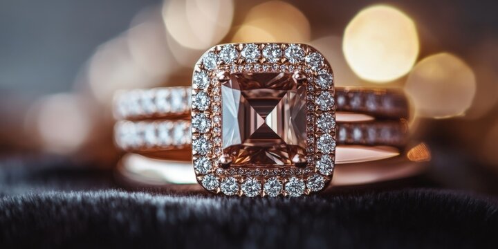 A gold and diamond ring with a diamond in the center. The ring is set in a black velvet background