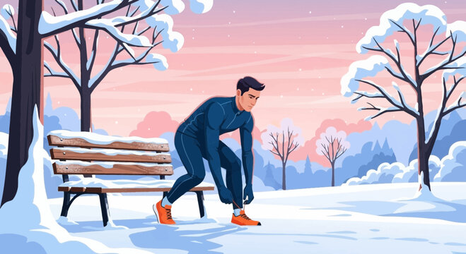 Man preparing for a winter run tying shoelaces in cold weather.