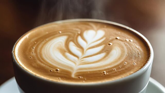 Close up shot of a delicious foamy latte with artistic latte art