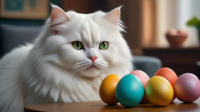 White Cat Looking at Colorful Eggs.