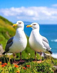Fototapeta premium Two seagulls stand on a grassy cliff overlooking the ocean under a bright blue sky with scattered clouds