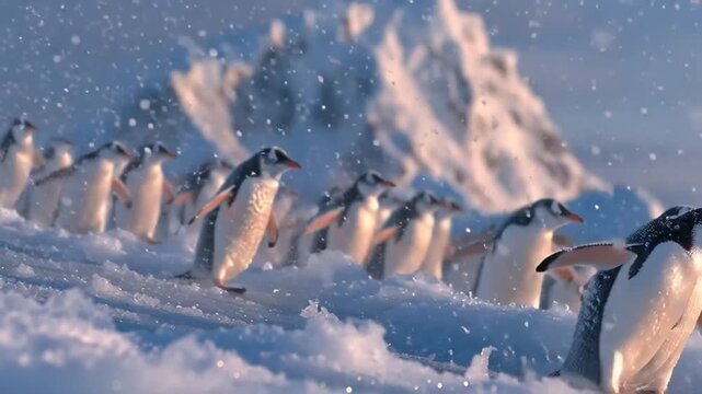 Penguins on snowy slope.