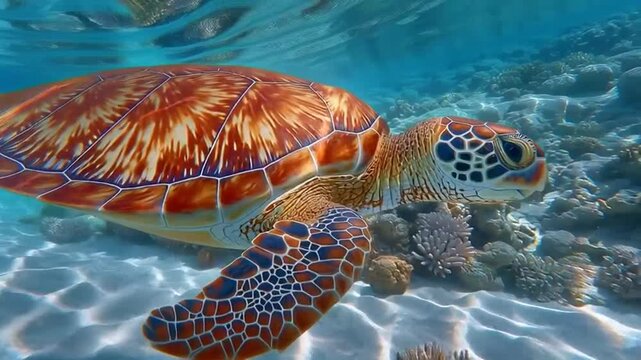 Sea turtle swimming underwater.