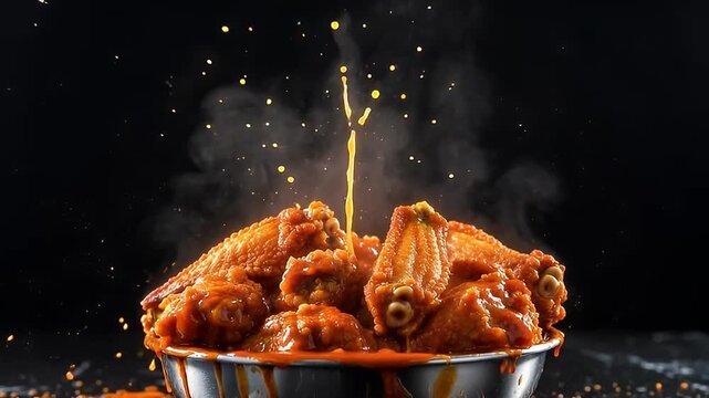 Delicious looking buffalo chicken wings in a bowl with sauce being poured