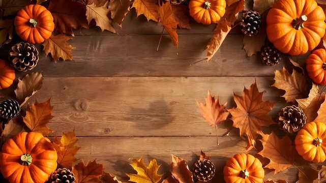 Autumnal arrangement with pumpkins, leaves, and pine cones on rustic wooden backdrop