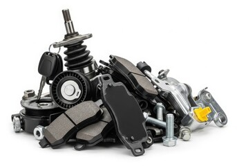 A collection of various car parts and components scattered on a white background