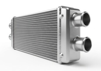 Fototapeta premium Close-up view of a metallic radiator with intricate fin design and two inlet outlets