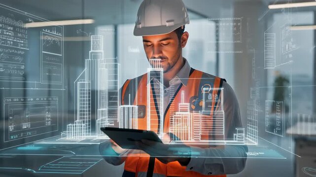 Engineer using tablet with futuristic building holograms in modern office construction technology concept