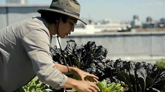 Man tending to his urban rooftop garden with leafy green vegetables