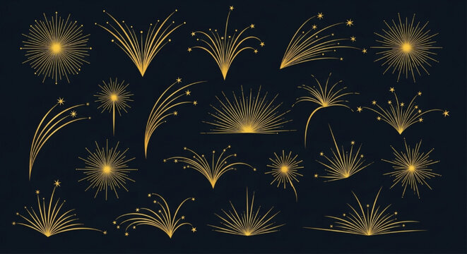 Collection of golden fireworks or sparkler rays and lines. Vector decorative elements.