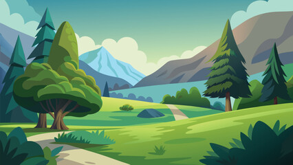 Obraz premium A serene fantasy landscape with a lone traveler exploring a vibrant meadow.