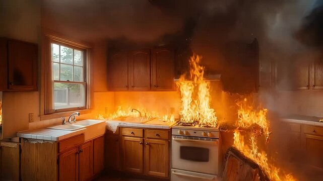 Catastrophic kitchen inferno engulfing cabinets, countertops and appliances in a blaze