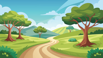 Naklejka premium Scenic countryside path winding through a lush green meadow with tall trees