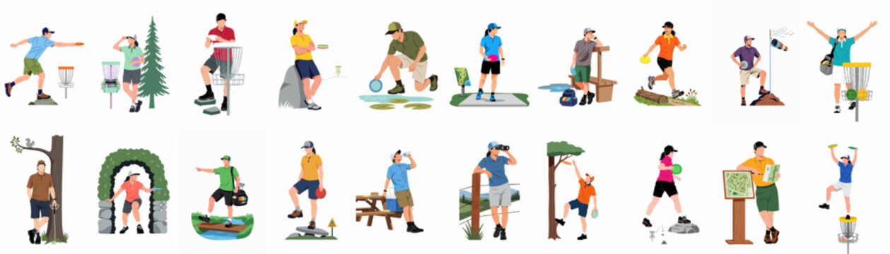 People playing disc golf in various outdoor settings, featuring different actions, challenges, and moments of this popular recreational sport.