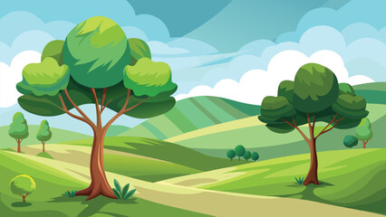 Obraz premium Serene countryside landscape with winding path and lush greenery under a clear sky