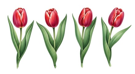 Obraz premium Beautiful red tulip flowers with green leaves isolated on white background