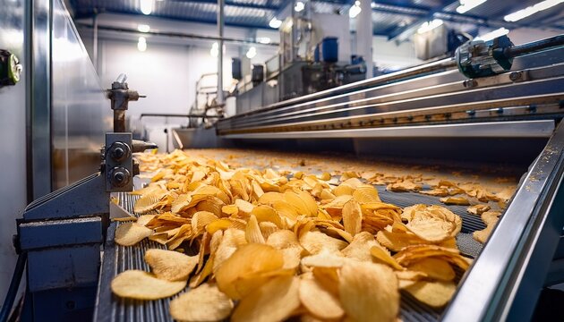 a high resolution image of potato chips moving on a conveyor belt in a factory