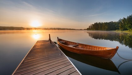Obraz premium a high resolution image of wooden rowboat moored to a dock at sunrise with calm water
