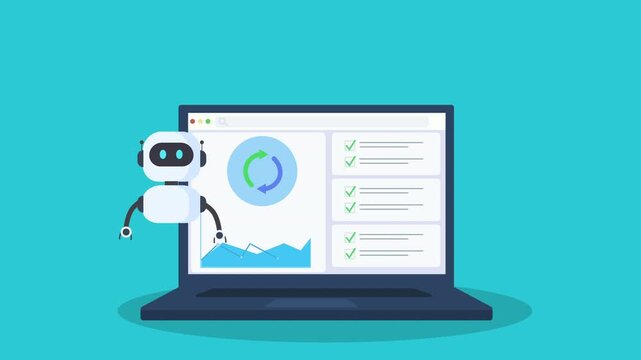 Minimal animation of a robot beside a laptop showing an analytics monitoring dashboard with charts and task panels, representing automation, AI workflow, and digital system tracking in a modern worksp