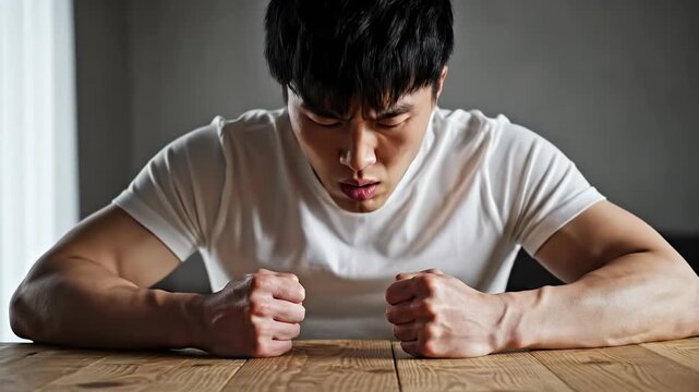 Young man clenching his fists on a wooden table conveying frustration stress and intense emotion in a dimly lit dramatic portrait setting