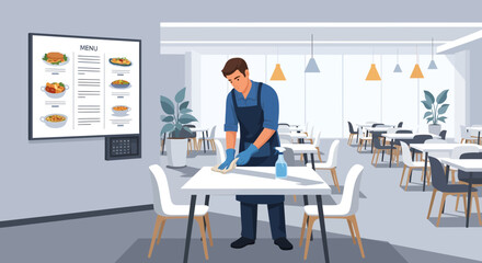 Man in apron and gloves cleaning a table with spray bottle.