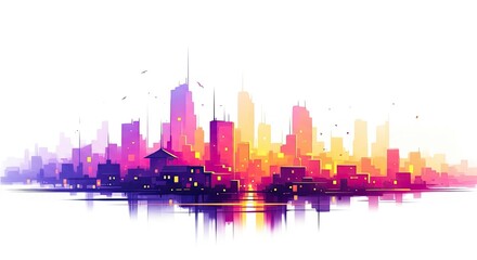 Fototapeta premium Vibrant cityscape at sunset with reflections on water