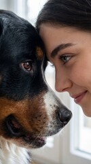 Young woman smiling and playing with her dog indoors by the window  